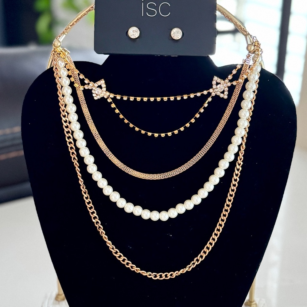 Faux Pearl & Rhinestone Earrings & Long Layered Necklace Set